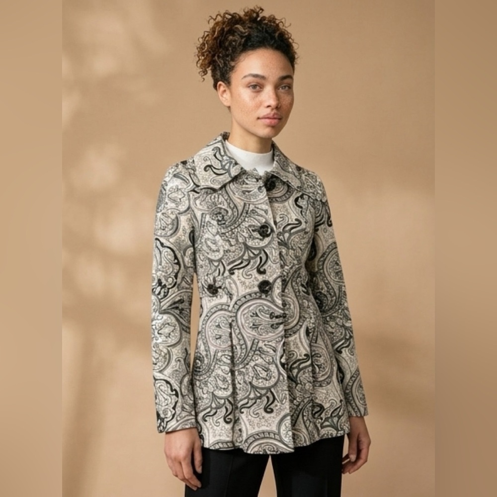 Ambition - Paisley Button Front Coat - Black Grey‎ Purple Print - Size Medium